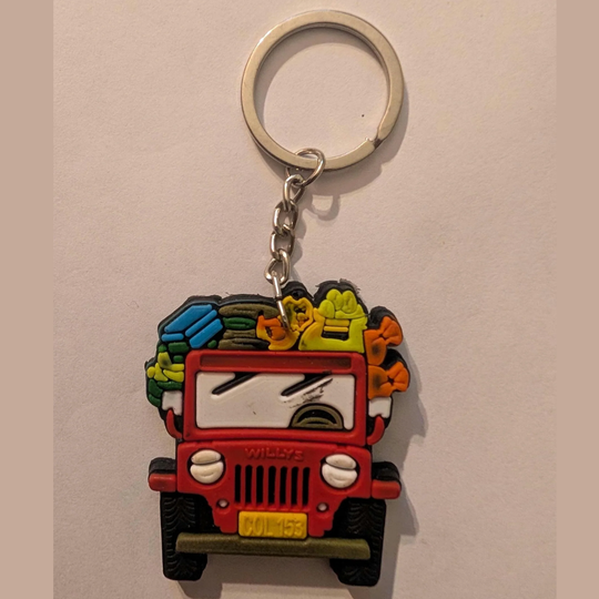 Colombian Rubber Keychain Set – Handmade-Style Souvenirs with Chiva, Jeep, Hat &amp; Parrot Designs