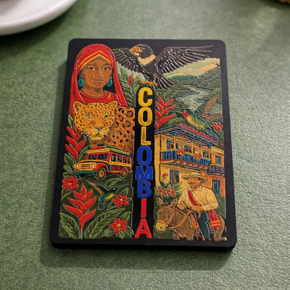 Colombia Souvenir Magnet – MDF Fridge Magnet with Jaguar, Indigenous Woman, Andean Condor &amp; Chiva Bus