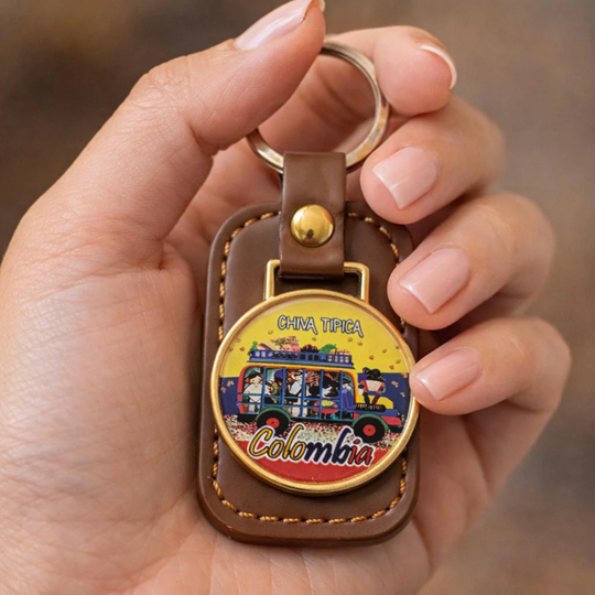 Colombian Keychain – Faux Leather Souvenir with Metal Badge – Sombrero Vueltiao &amp; Chiva Design