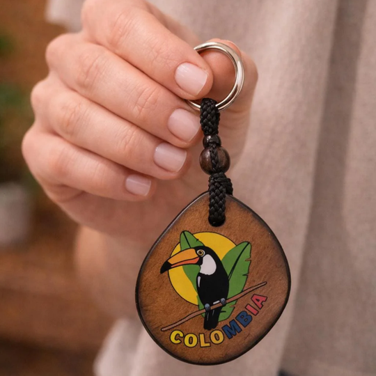 Handmade Colombian Coconut Keychain – Natural Tropical Souvenir with Toucan, Vallenato &amp; Fruit Seller Designs
