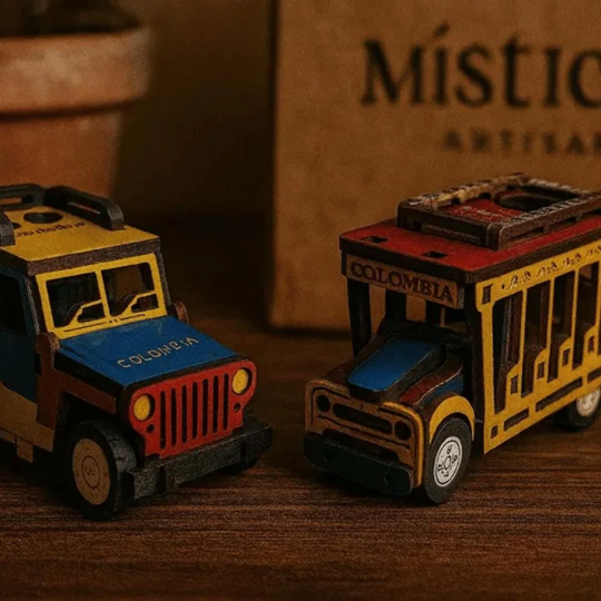 Handmade Colombian Miniature Set • Willys Jeep, Chiva Bus &amp; Tejo Game