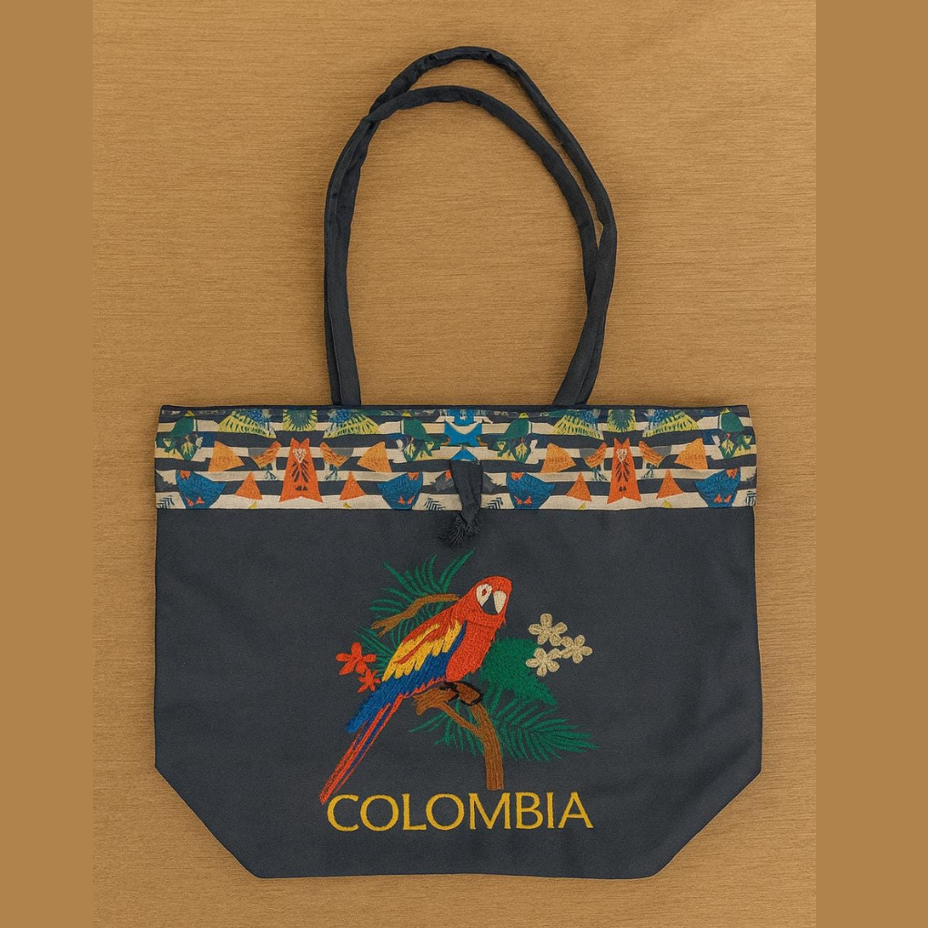 Handmade Embroidered Canvas Tote Bag • Colombian Cultural Design
