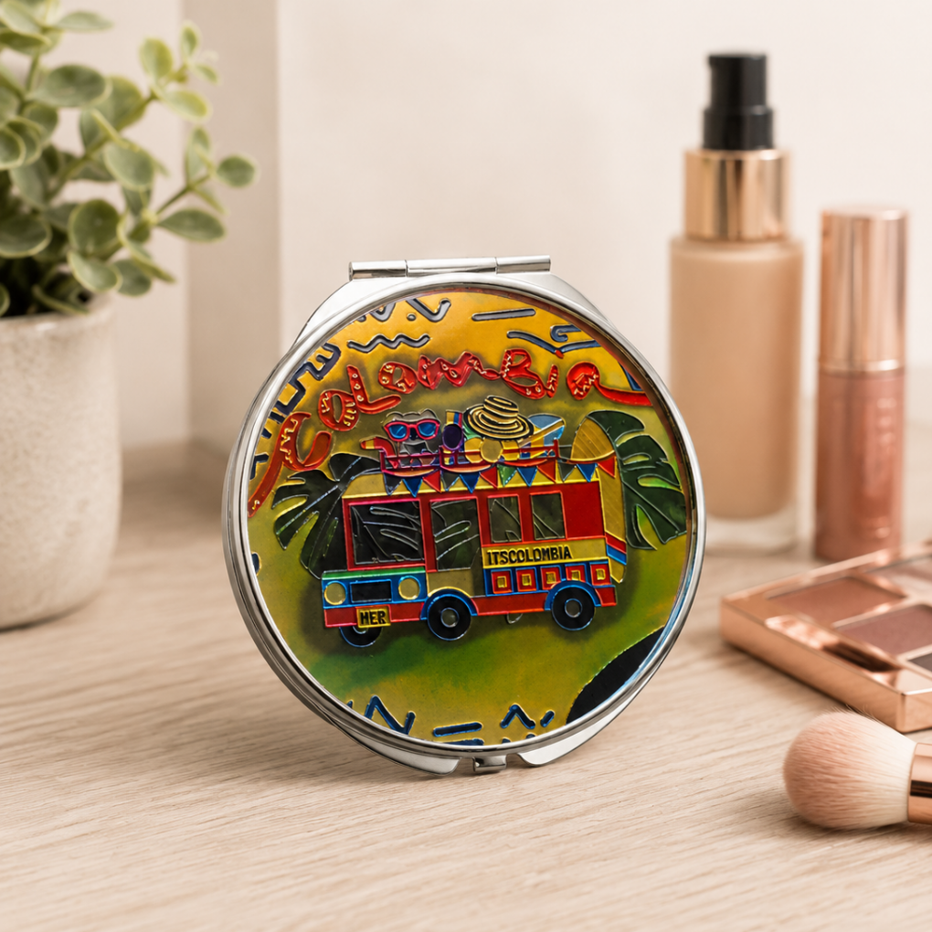 Handcrafted Colombian Makeup Mirror Chiva Truck and Tropical Bird Beauty Accessory