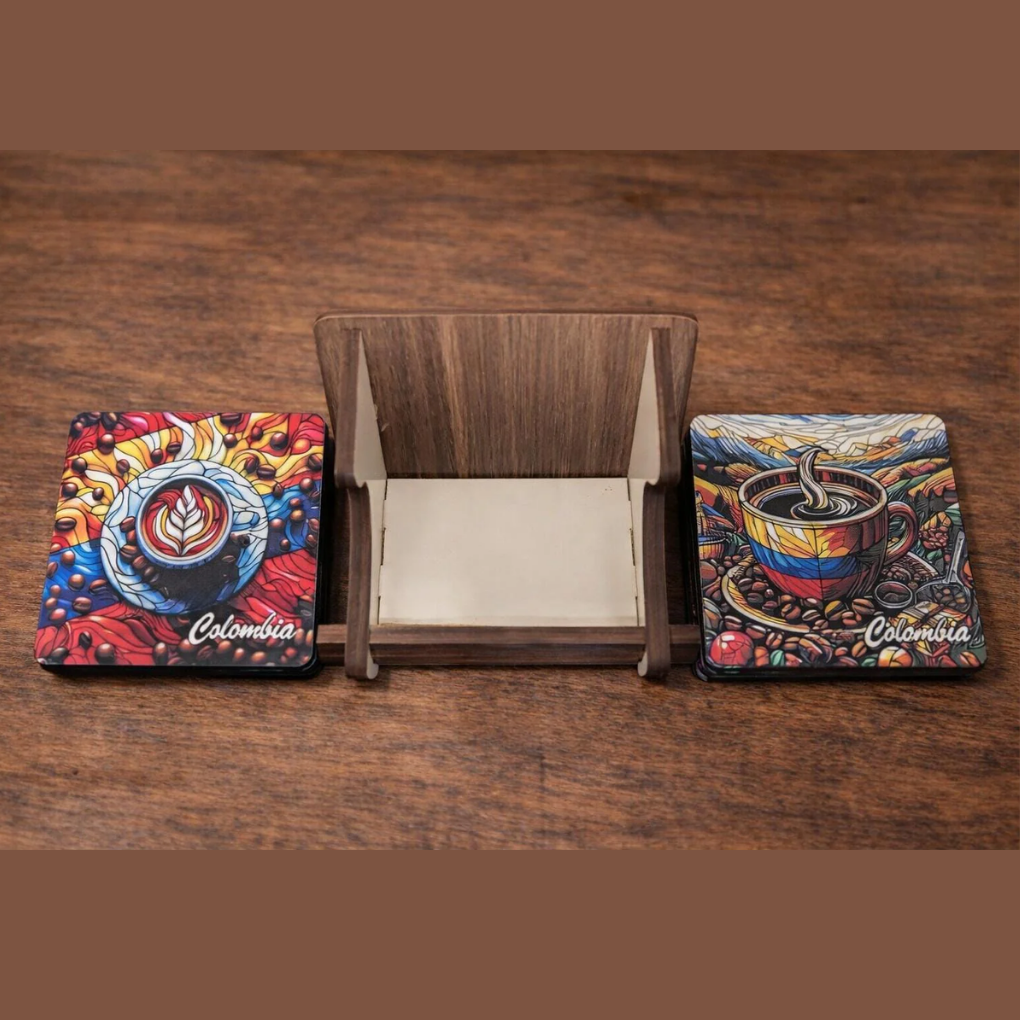 Colorful Colombian Coaster Set with Holder • Tropical Coffee Art • Artisan Wooden Decor