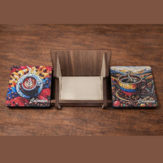 Colorful Colombian Coaster Set with Holder • Tropical Coffee Art • Artisan Wooden Decor