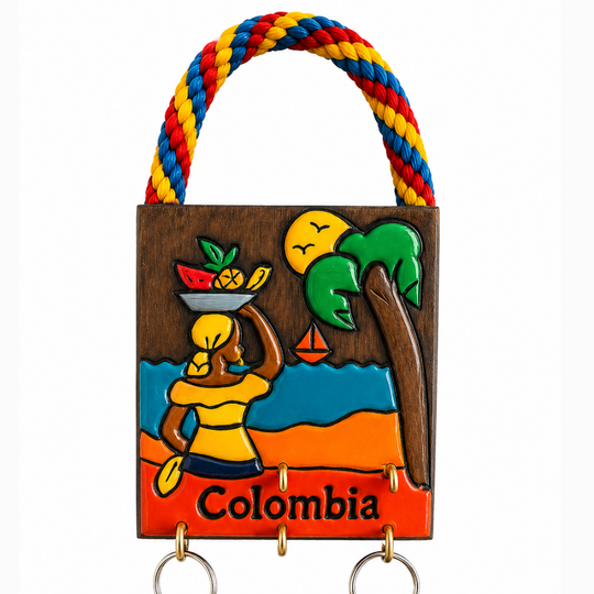 Handmade Colombian Key Holder with Rope Handle • Small Wall Hanger • Colorful Rustic Decor