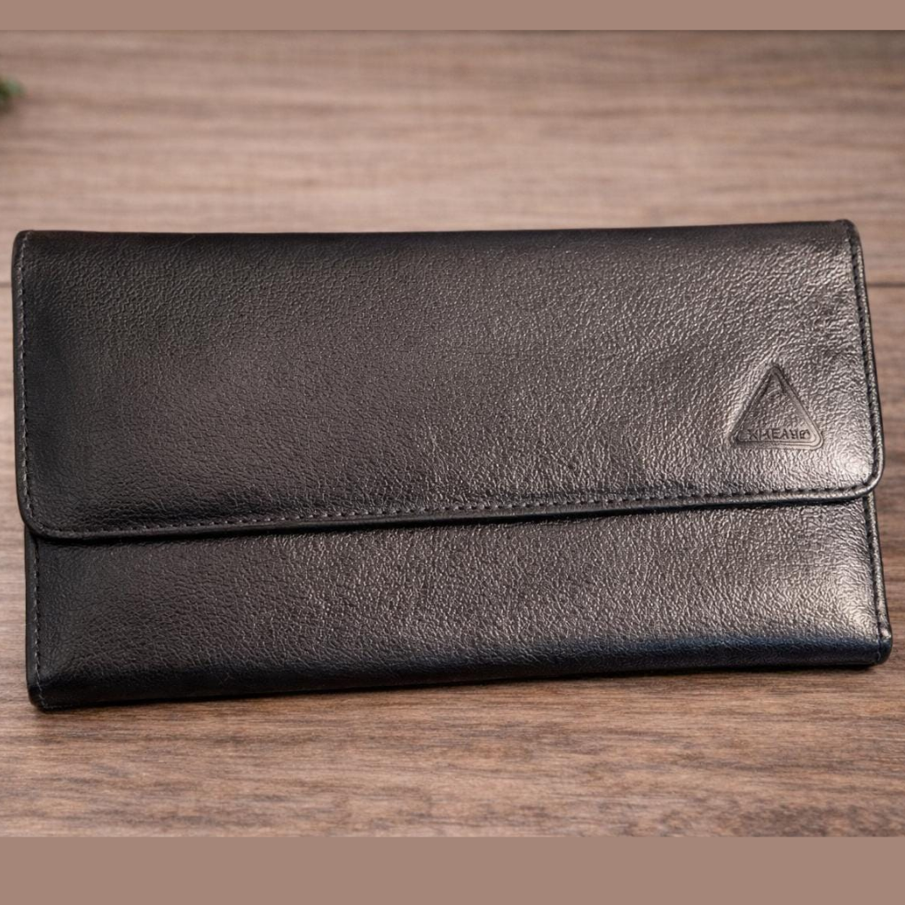 Handmade Black Leather Wallet – Large Checkbook Clutch with Zipper Pocket