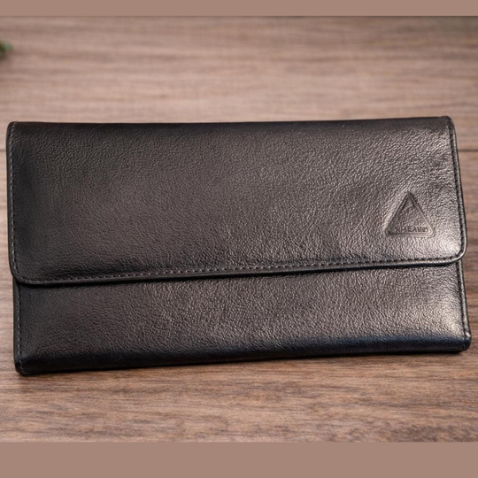 Handmade Black Leather Wallet – Large Checkbook Clutch with Zipper Pocket