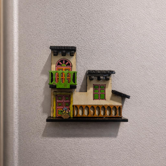 Handmade Colombian Two-Story House Magnet – 3D Wooden Fridge Souvenir with Balcony and Flowers