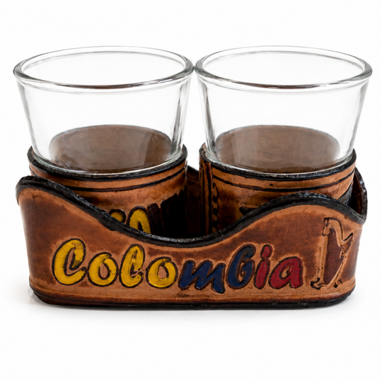Handmade Colombian Leather Shot Glass Set | Artisan Barware with Case