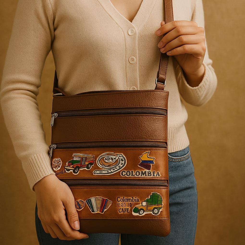 Handmade Colombian Leather Crossbody Bag – Artisan Appliqué Design