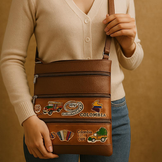 Handmade Colombian Leather Crossbody Bag – Artisan Appliqué Design