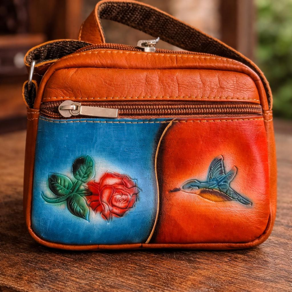 Handmade Leather Mini Crossbody – Tooled Tula Purse with Rose &amp; Hummingbird
