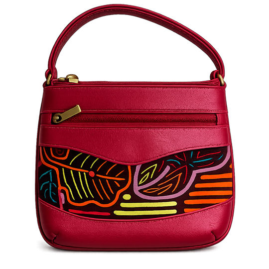 Handmade Mola Leather Crossbody Bag | Colorful Tribal Art Purse