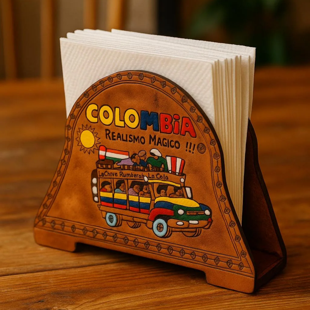 Colombian Leather Coaster Set with Holder | Handmade Decor | Cultural Gift