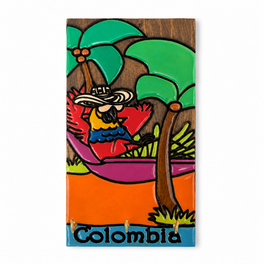 Handcrafted Colombian Wooden Key Holder - Tropical Folk Wall Decor Organizer