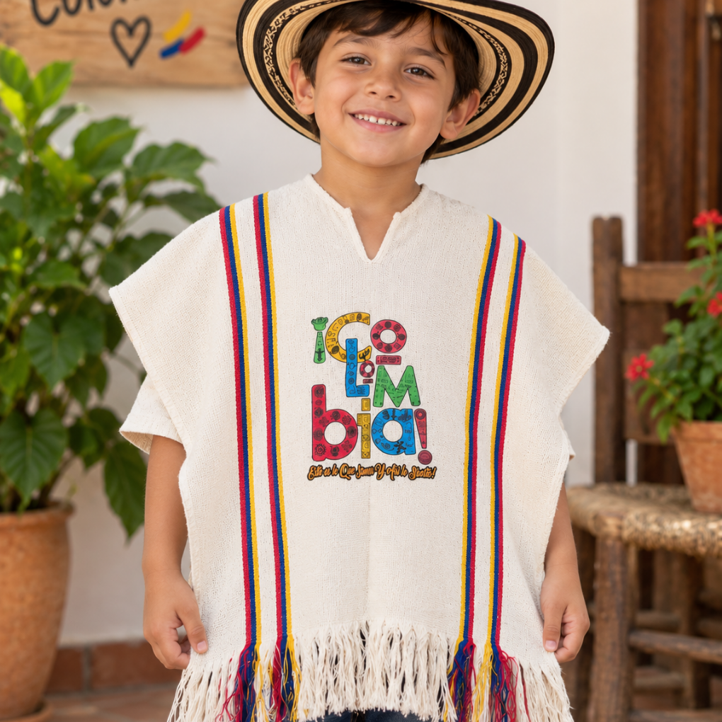 Colombian Traditional Outfit for Kids – Ruana, Sombrero Vueltiao &amp; Carriel Set (Copia)