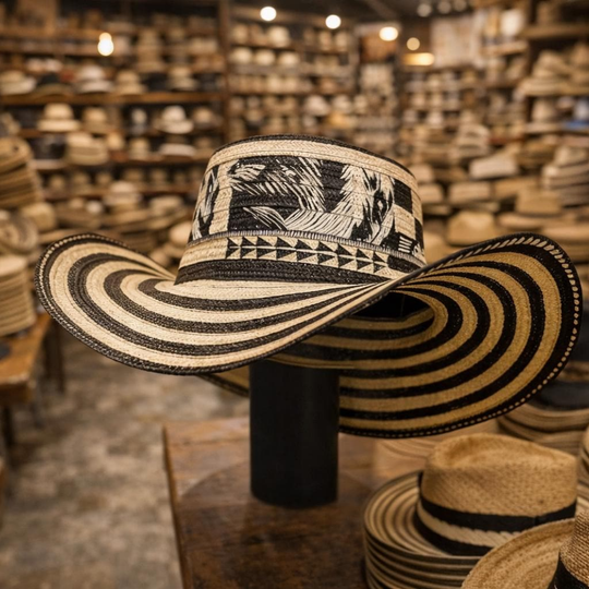 Handmade Colombian Vueltiao Hat | Caña Flecha Fiber, Black &amp; White