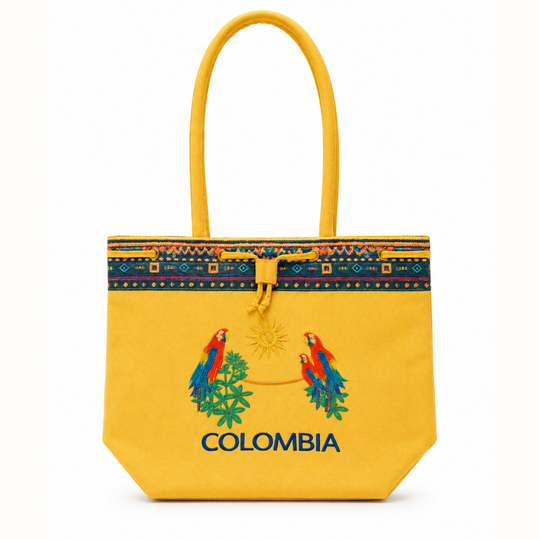 Handmade Embroidered Canvas Tote Bag • Colombian Cultural Design