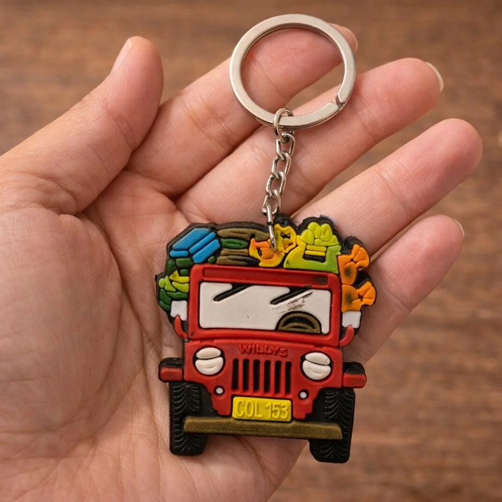 Colombian Rubber Keychain Set – Handmade-Style Souvenirs with Chiva, Jeep, Hat &amp; Parrot Designs