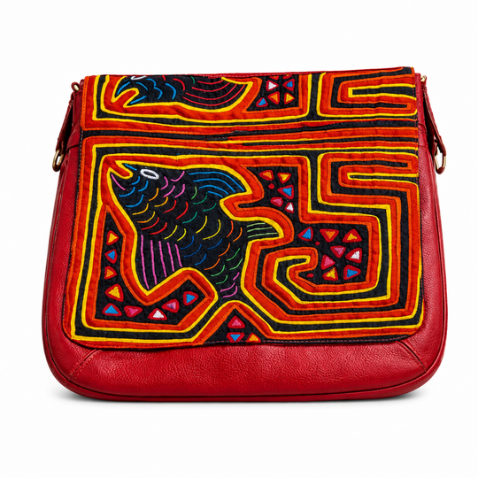 Handmade Leather &amp; Mola Crossbody Bag