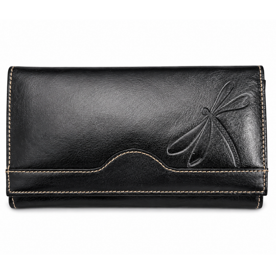 Handmade Black Leather Checkbook Wallet – Large Women’s Clutch with Dragonfly Embossing