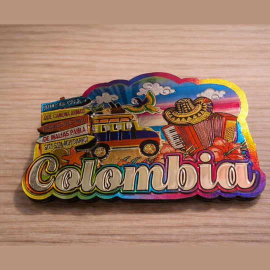 Colombia Holographic Magnet – MDF Fridge Magnet with Chiva, Sombrero Vueltiao &amp; Funny Colombian Sayings