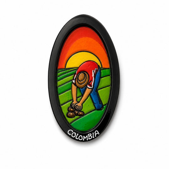 Handmade Colombian Oval Fridge Magnet | 3D Wooden Artisan Souvenir Decor