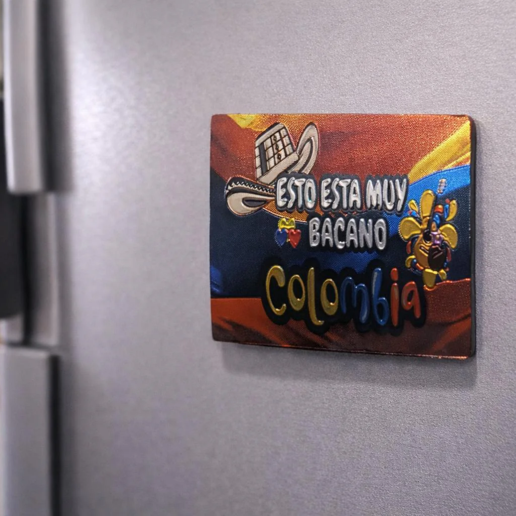 Golden Colombia Map Magnet – Shiny Metallic Souvenir with National Flag Colors