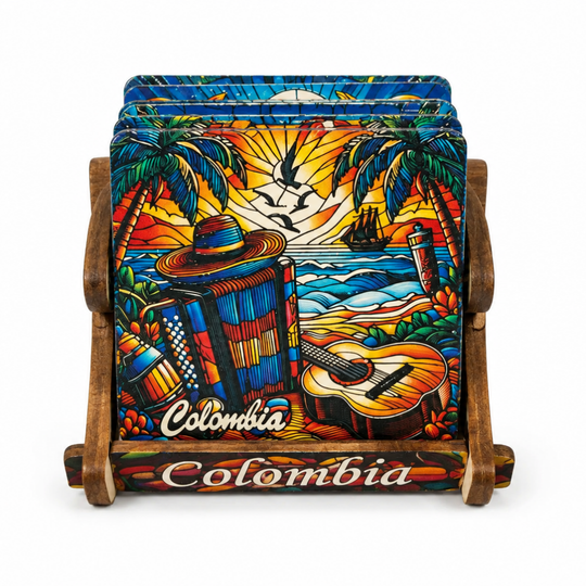 Colorful Colombian Coaster Set with Holder • Tropical Coffee Art • Artisan Wooden Decor