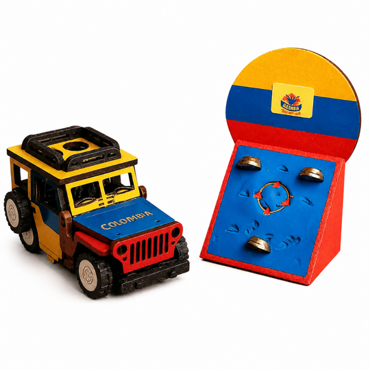 Handmade Colombian Miniature Set • Willys Jeep, Chiva Bus &amp; Tejo Game