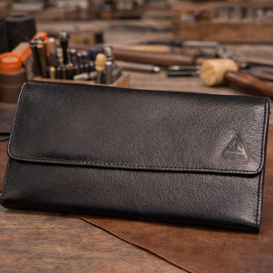 Handmade Black Leather Wallet – Large Checkbook Clutch with Zipper Pocket
