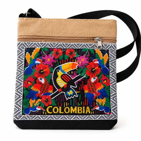 Colombian Canvas Crossbody Bag | Colorful Toucan Print Travel Shoulder Bag