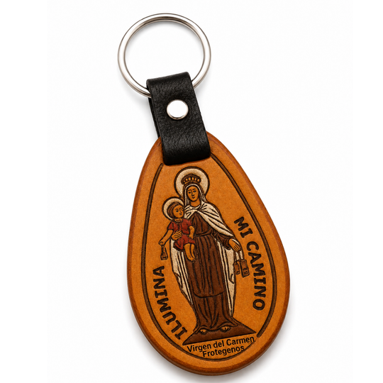 Handmade Leather Catholic Keychain – Religious Gift, Colombian Artisan
