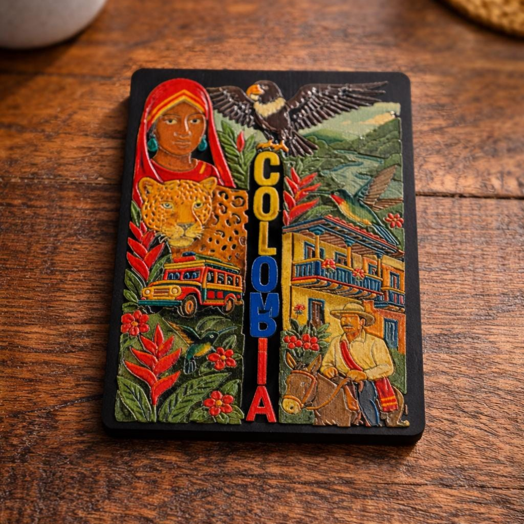 Colombia Souvenir Magnet – MDF Fridge Magnet with Jaguar, Indigenous Woman, Andean Condor &amp; Chiva Bus