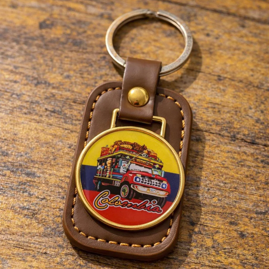 Colombian Keychain – Faux Leather Souvenir with Metal Badge – Sombrero Vueltiao &amp; Chiva Design