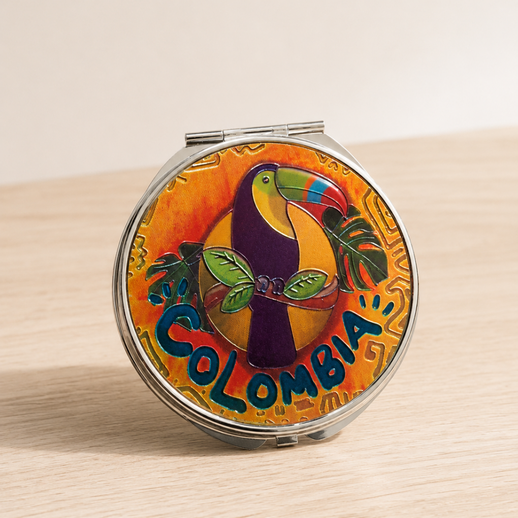 Handcrafted Colombian Makeup Mirror Chiva Truck and Tropical Bird Beauty Accessory