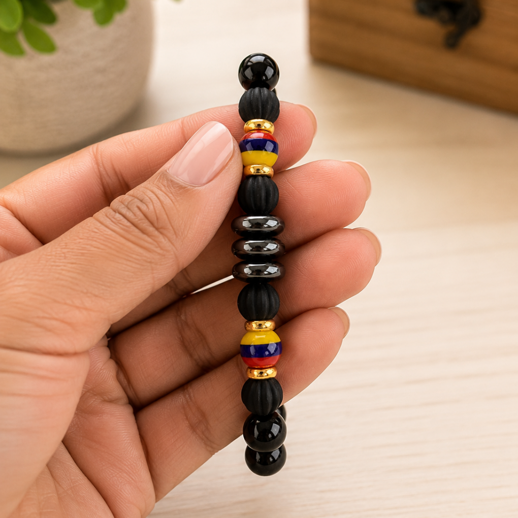 Premium Handmade Colombian Beaded Bracelet | Adjustable Black Bracelet | Colombia Flag Jewelry
