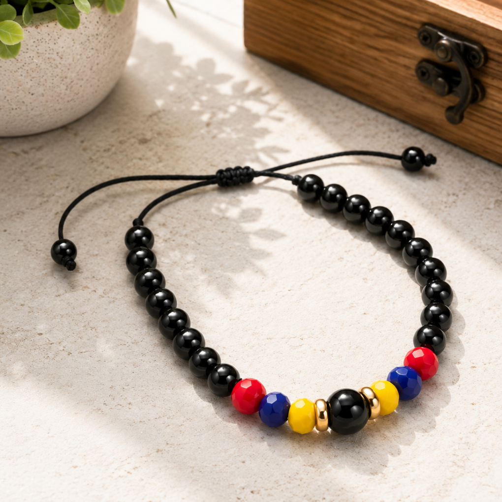 Handmade Colombian Flag Bracelet | Adjustable Black Beaded Bracelet | Unisex Artisan Jewelry