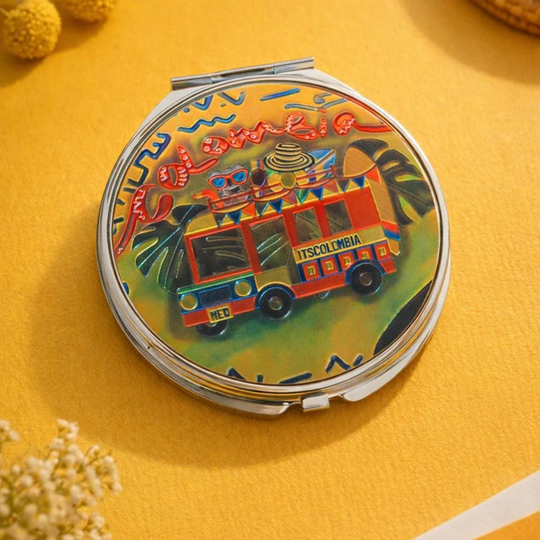 Handcrafted Colombian Makeup Mirror Chiva Truck and Tropical Bird Beauty Accessory