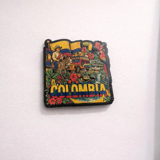 Colombia Souvenir Magnet – Colorful MDF Fridge Magnet with Chiva, Farmer &amp; Tropical Flowers