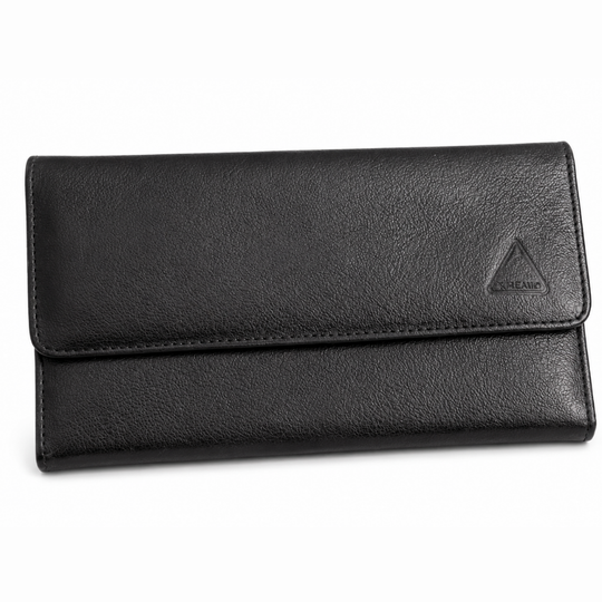 Handmade Black Leather Wallet – Large Checkbook Clutch with Zipper Pocket