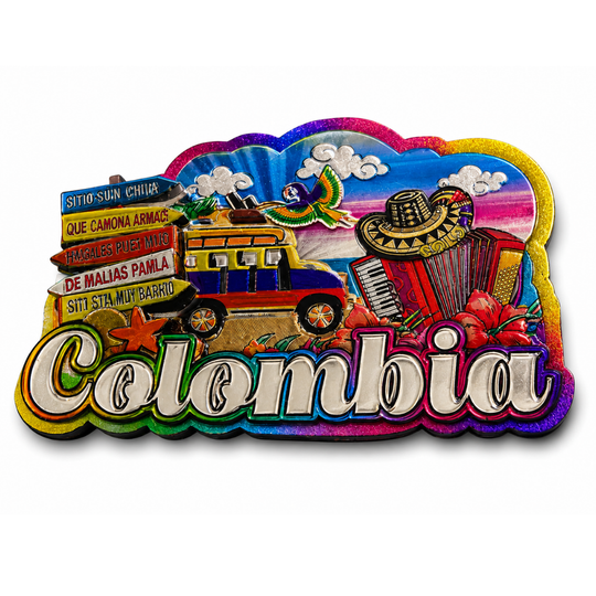 Colombia Holographic Magnet – MDF Fridge Magnet with Chiva, Sombrero Vueltiao &amp; Funny Colombian Sayings