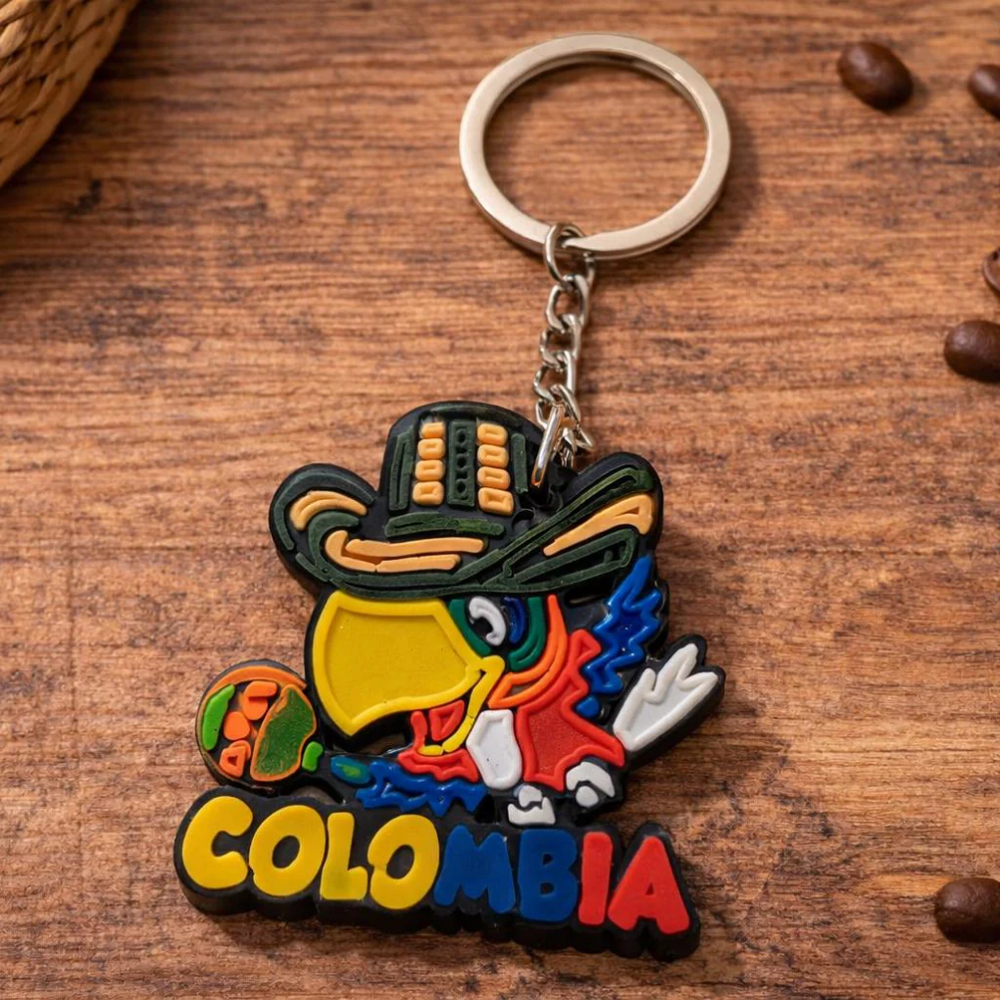 Colombian Rubber Keychain Set – Handmade-Style Souvenirs with Chiva, Jeep, Hat & Parrot Designs