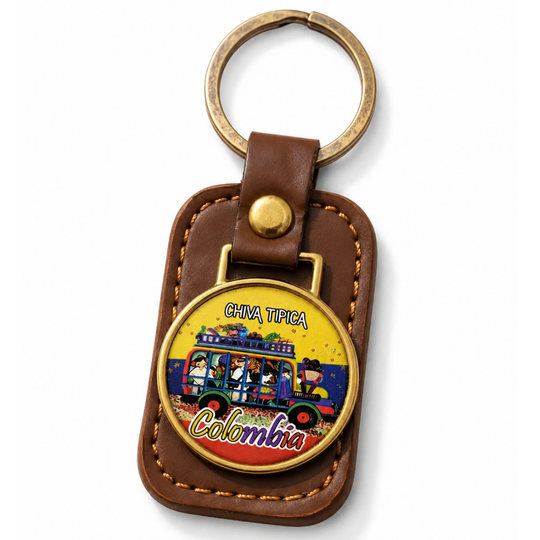 Colombian Keychain – Faux Leather Souvenir with Metal Badge – Sombrero Vueltiao &amp; Chiva Design