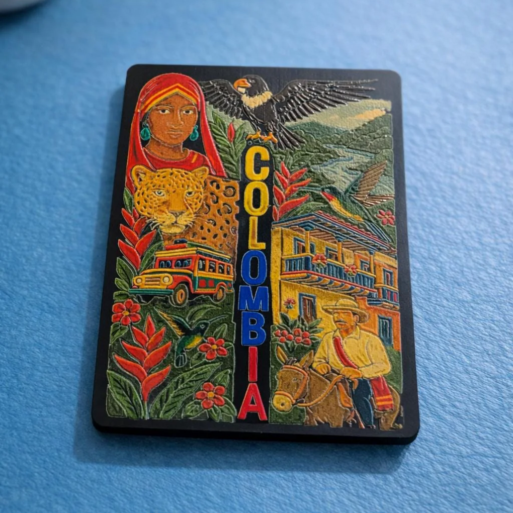 Colombia Souvenir Magnet – MDF Fridge Magnet with Jaguar, Indigenous Woman, Andean Condor &amp; Chiva Bus