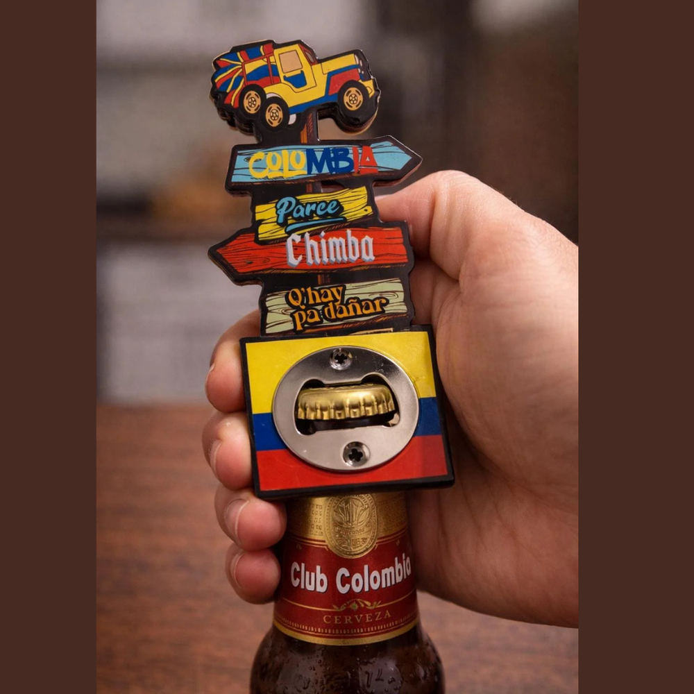 Colombia Bottle Opener Magnet – MDF Fridge Magnet with Colombian Slang & Flag Colors