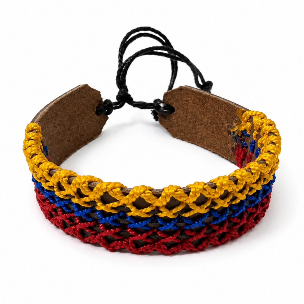 Handmade Colombian flag leather woven adjustable bracelet