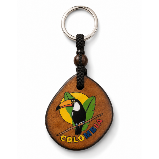 Handmade Colombian Coconut Keychain – Natural Tropical Souvenir with Toucan, Vallenato &amp; Fruit Seller Designs