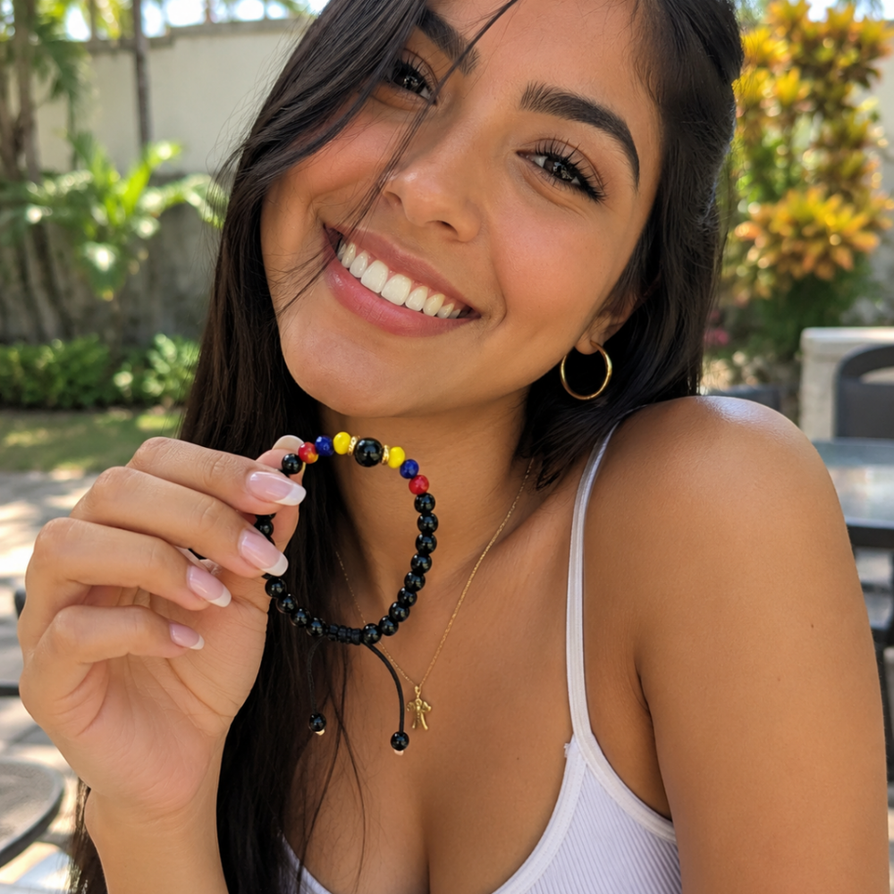 Handmade Colombian Flag Bracelet | Adjustable Black Beaded Bracelet | Unisex Artisan Jewelry